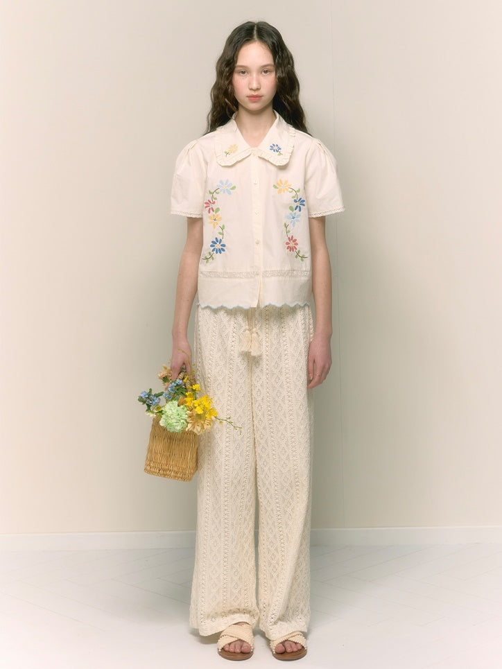 Hollow Texture Loose Straight Casual Drawstring Trousers