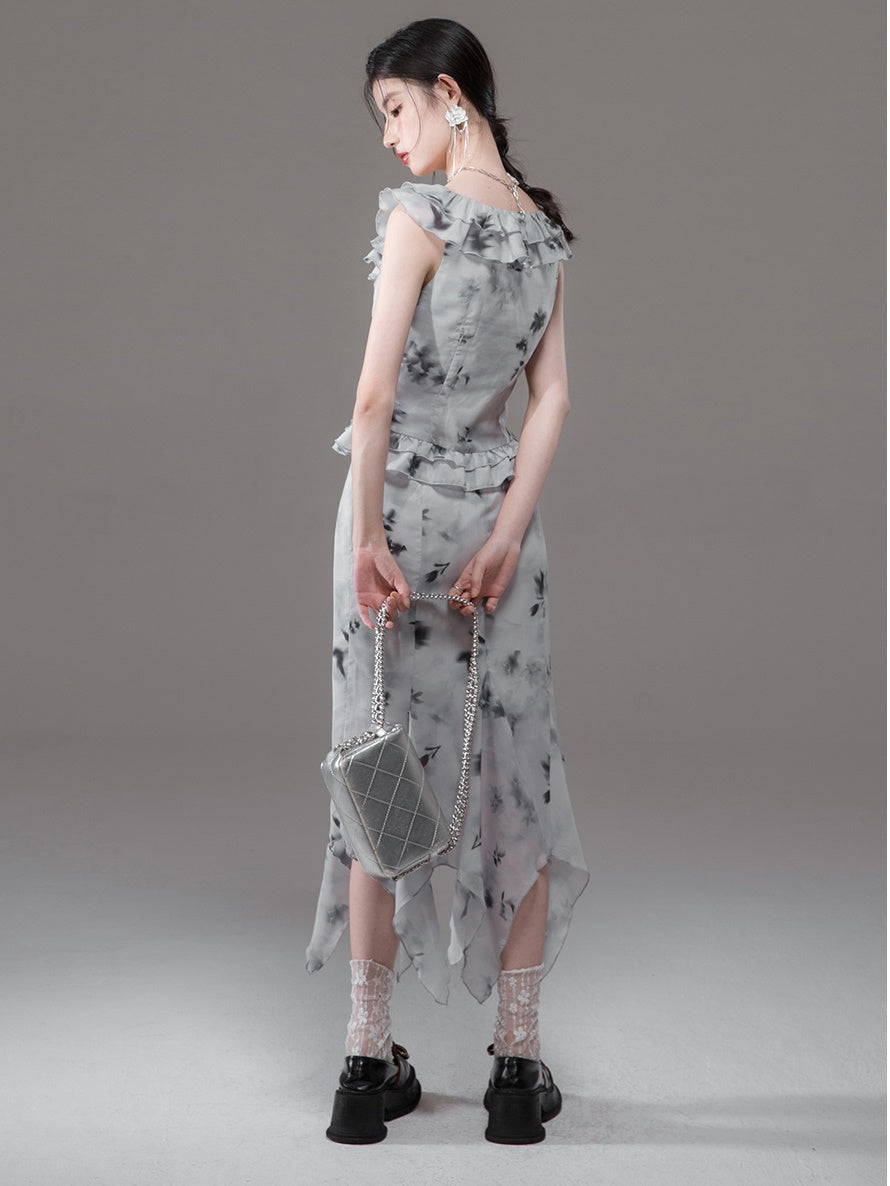 Tulip Mist Ash Ruffled Sleeveless Top & Irregular Hem Skirt Set-up