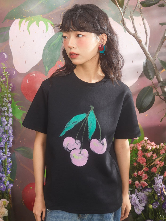 Cherry Print Loose Round Neck T-shirt