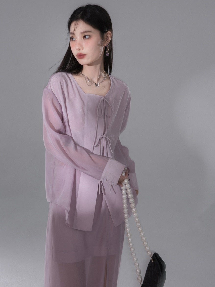 No Collar Sunscreen Shirt & Sheer Skirt