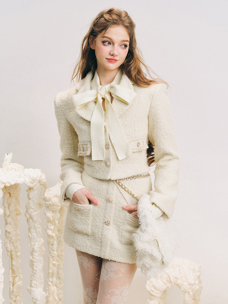 Tweed Cropped Slim Jacket & Pocket Design Mini Skirt