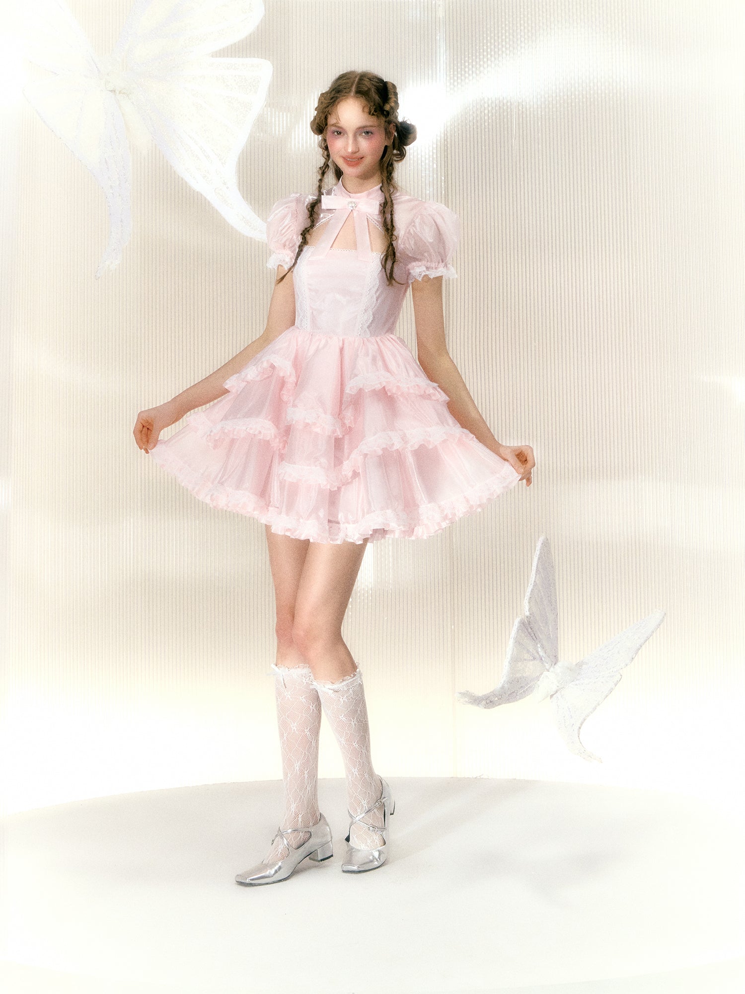 Organza Rhinestone Bow Short-sleeved Lace Princess Dress