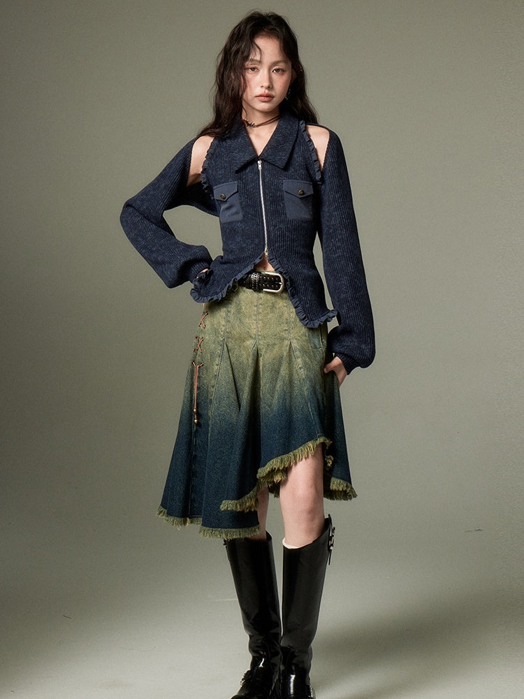 Polo Collar Knitted Sleeveless Top & Shawl Cardigan Set-up