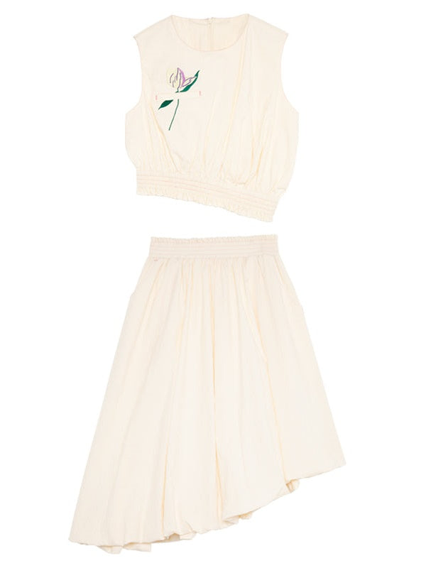 Tulip Embroidery Curved Hem Vest & Bud Skirt
