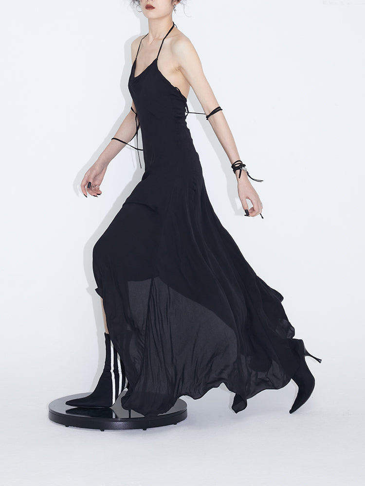 비대칭 밑단 쉬폰 스트랩 드레스