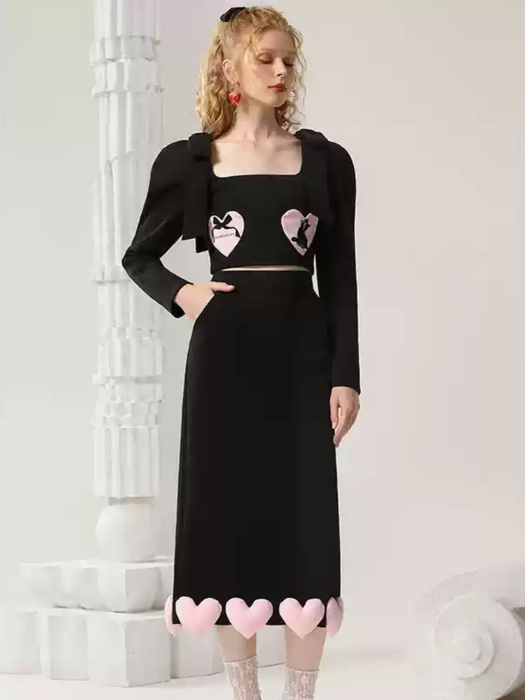 Set-Up Heart Nichi Ribbon Cat Cute Blouse&Long-Skirt