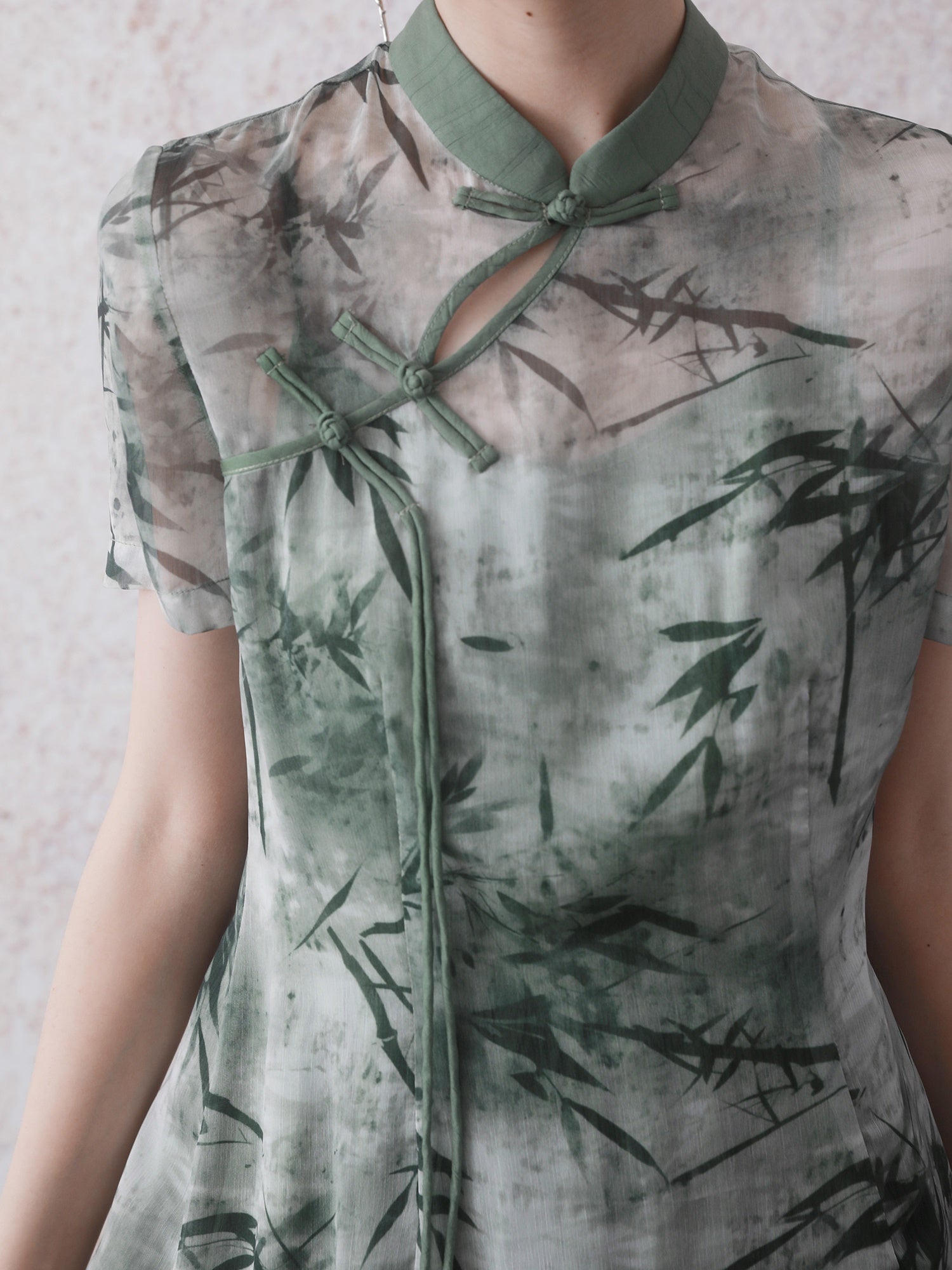 Chinese Style Bamboo Leaf Print Long Shirt & Camisole One-piece Set-up
