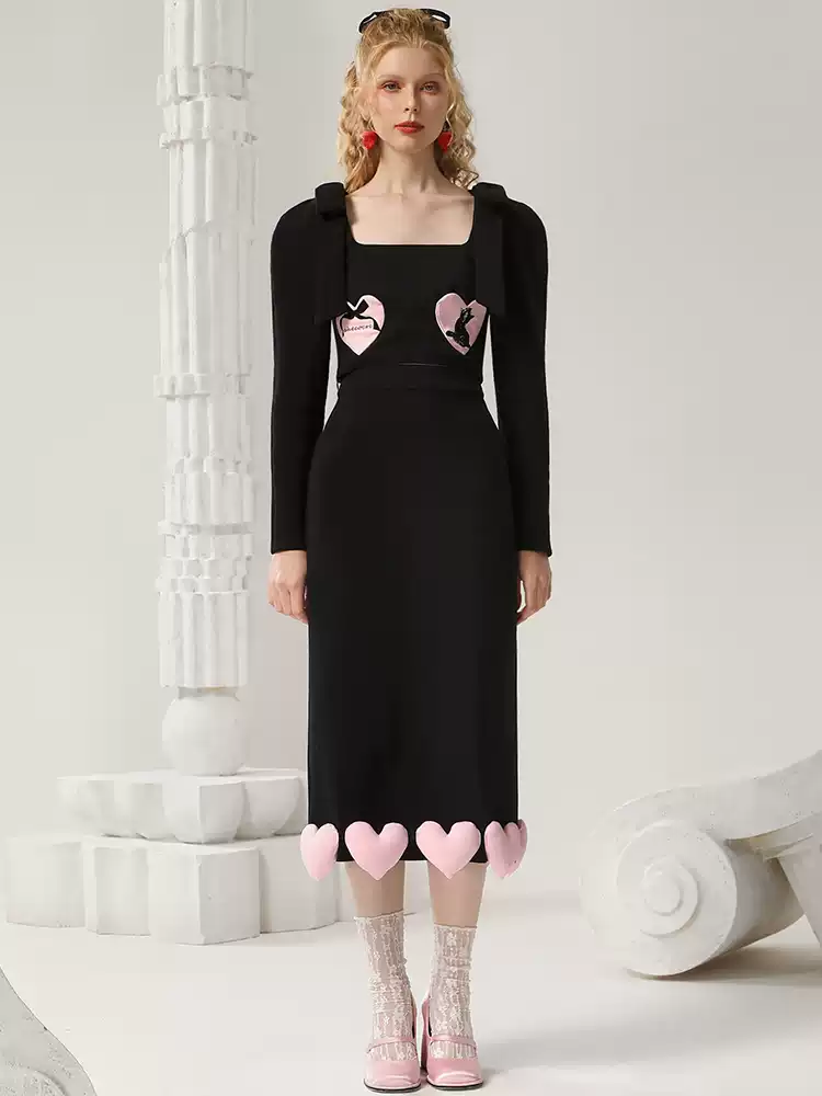 Set-Up Heart Nichi Ribbon Cat Cute Blouse&Long-Skirt