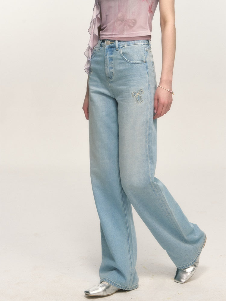 Embroidered Washed Distrssed Straight Loose Denim
