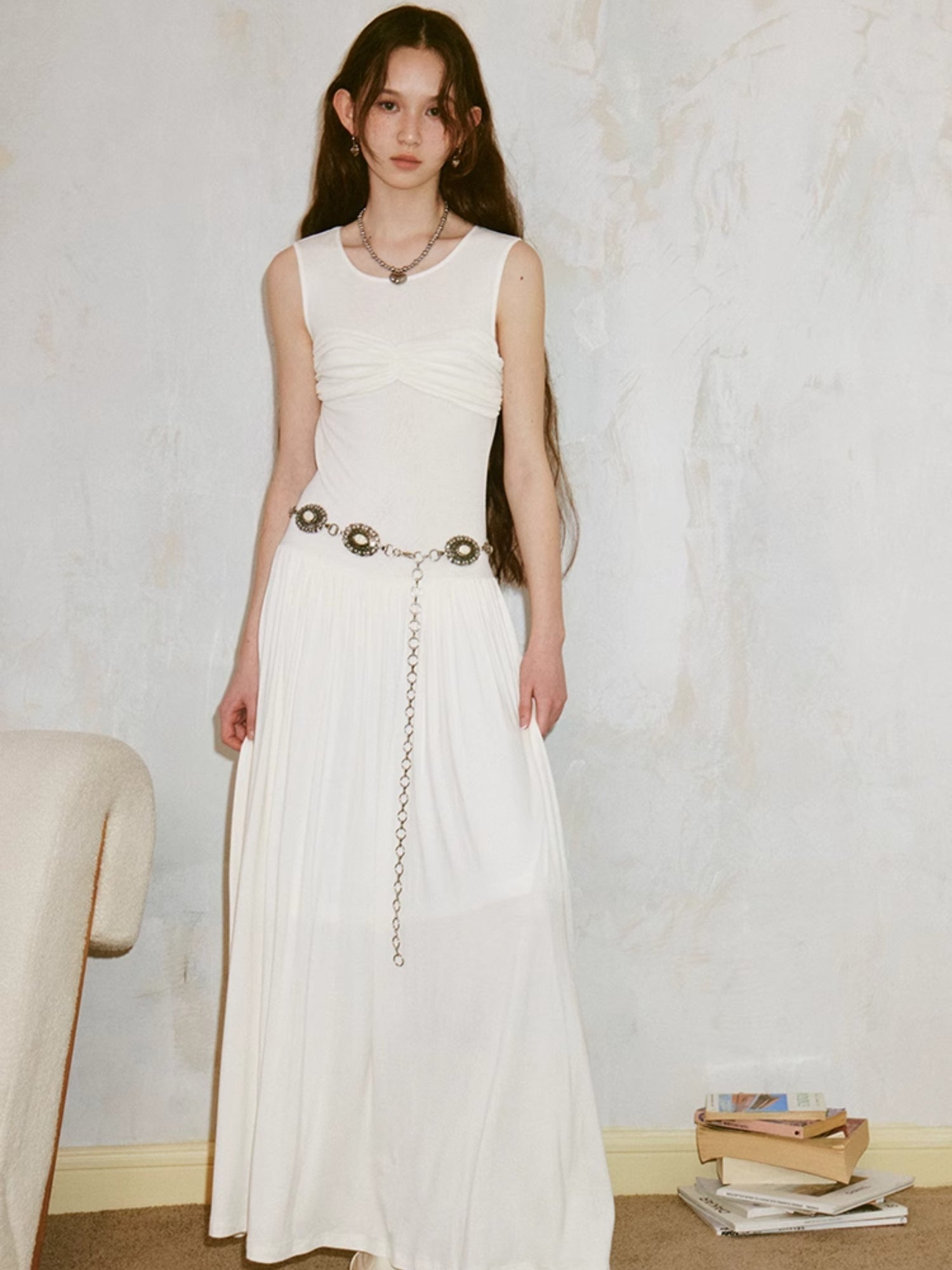 Pleated Draped Sheer Sleeveless Long Dress