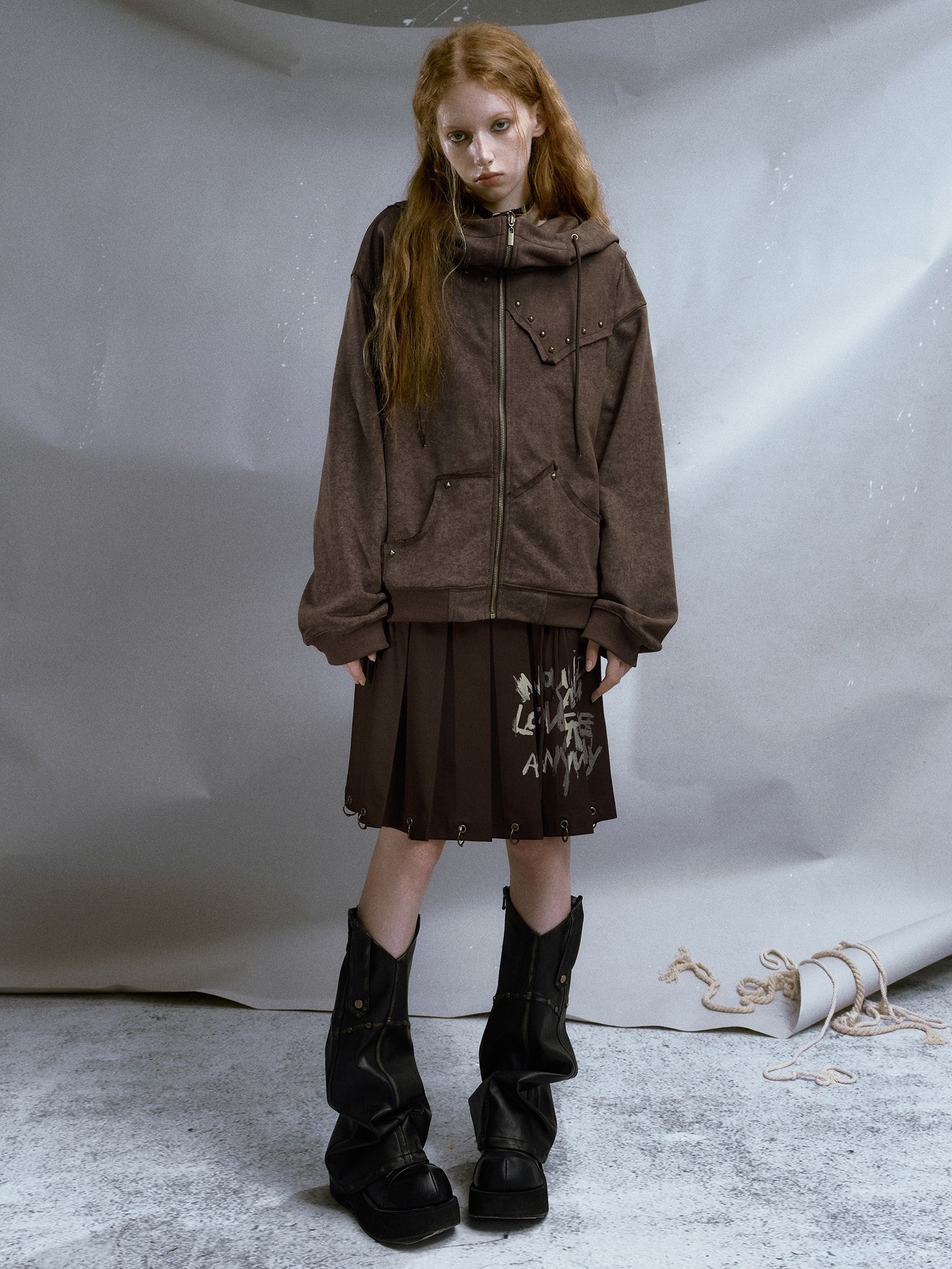 Rivet Distressed ZIP-Up Parka