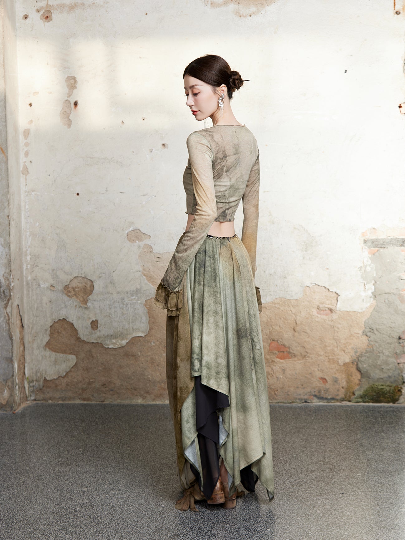 Thin Plant Print Long-sleeved Lace T-shirt