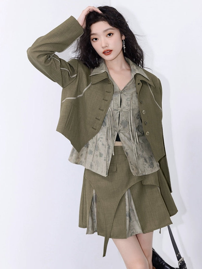 Deconstructed Retro College Style Jacket & Design Pleated Skirt