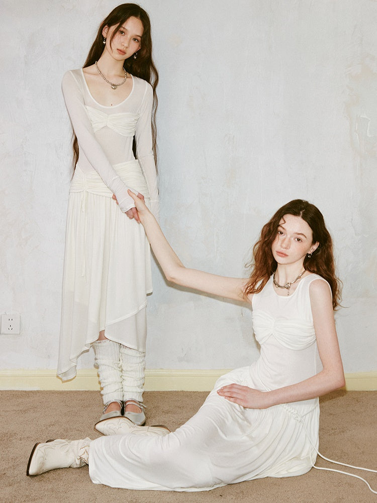 Classic Pleated Stitch Long-sleeved Sheer Dress