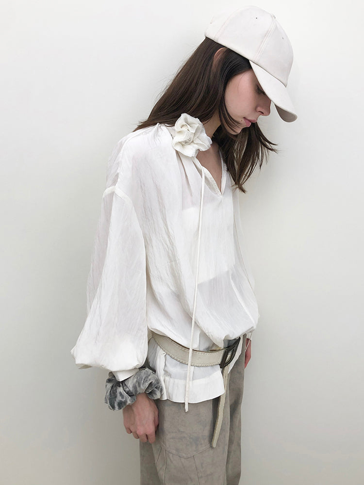 Mist Rose Stand Collar Tie Shirt