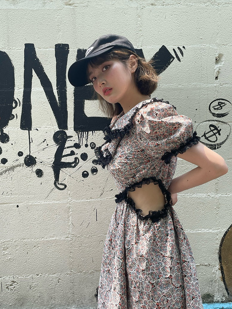 Schwarzer Spitze Hohlloch Taille Blumal Stickie ein Stück