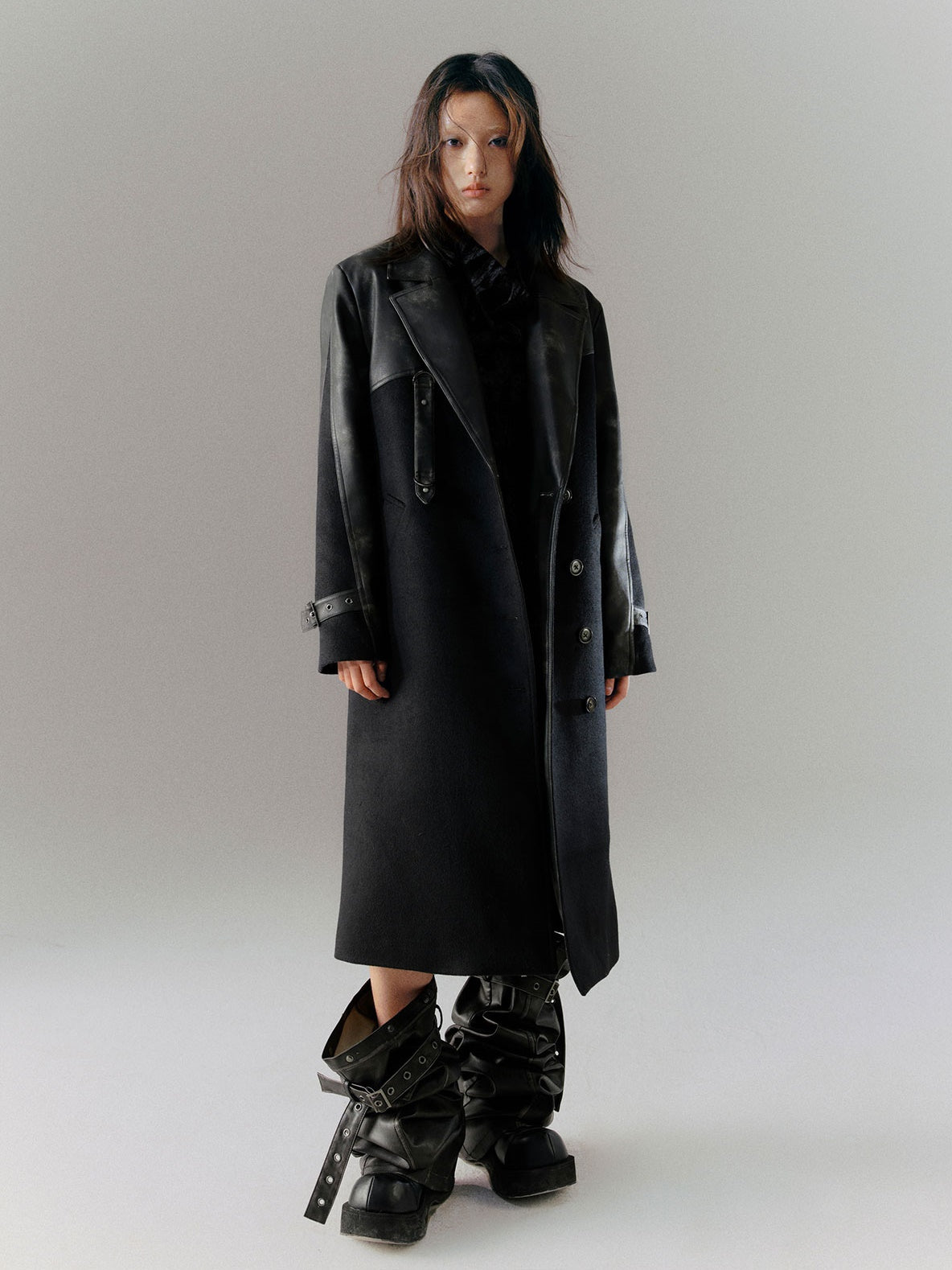 Tie-dye Leather Switching Belted Coat