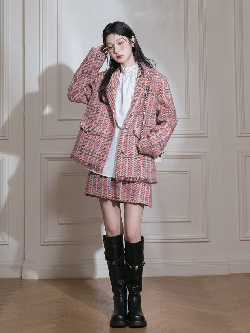 Plaid Tweed Asymmetry Design Jacket & Skirt