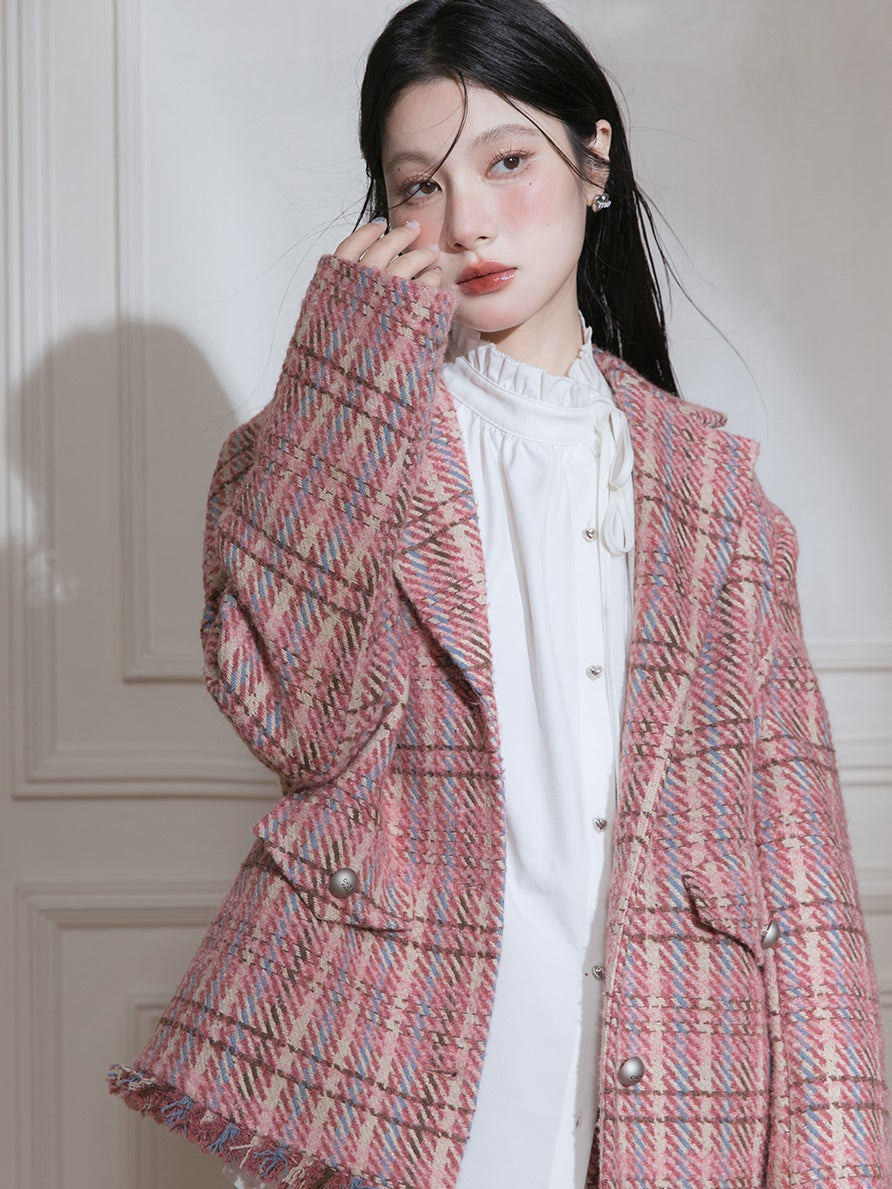 Plaid Tweed Asymmetry Design Jacket & Skirt
