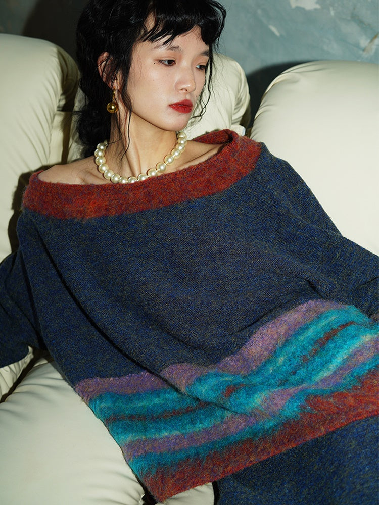 Contrast Color Border Design Loose Sweater & Knitted Skirt