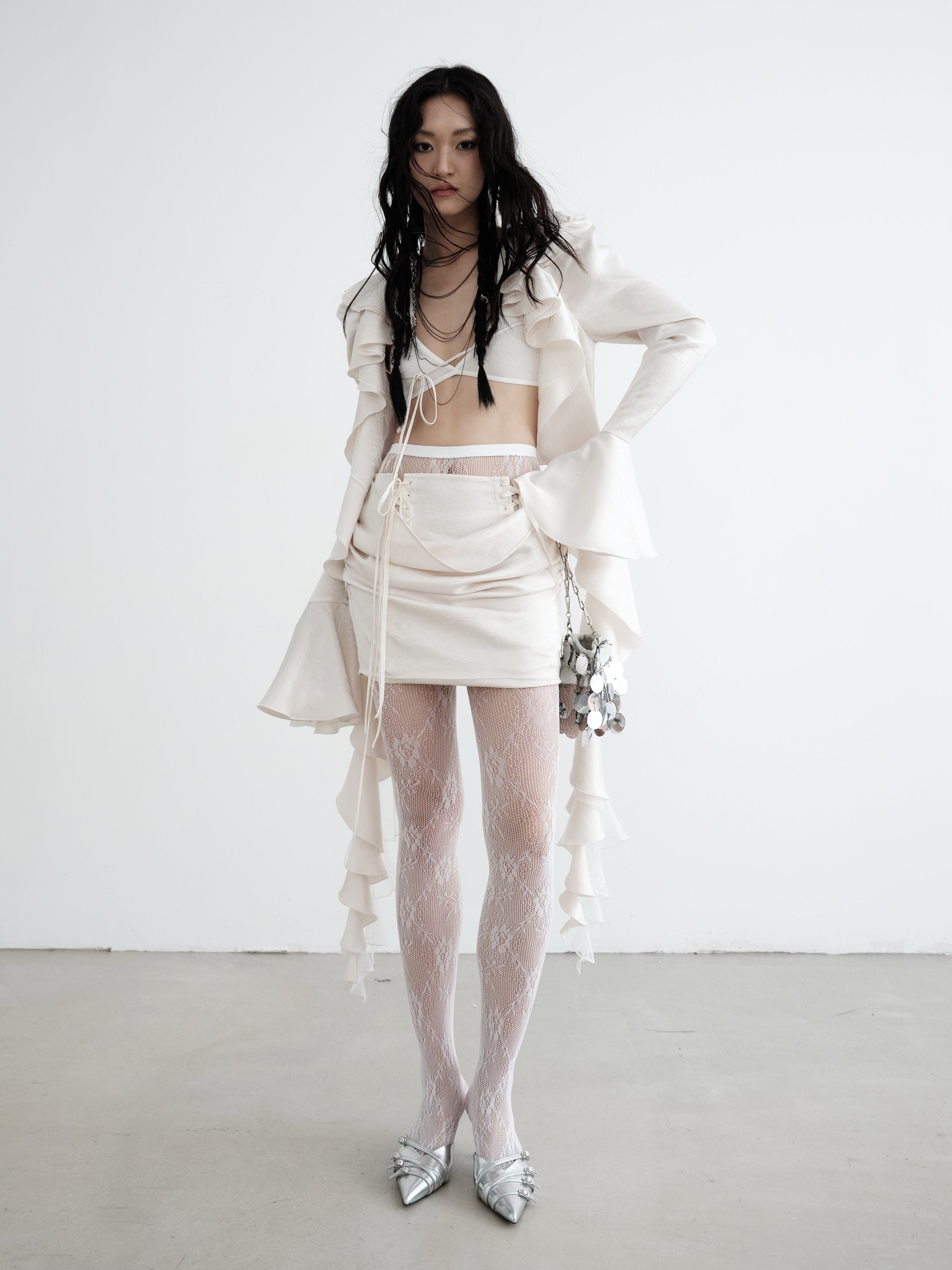 Ruffled Cardigan & Lace-Up Skirt Set-up