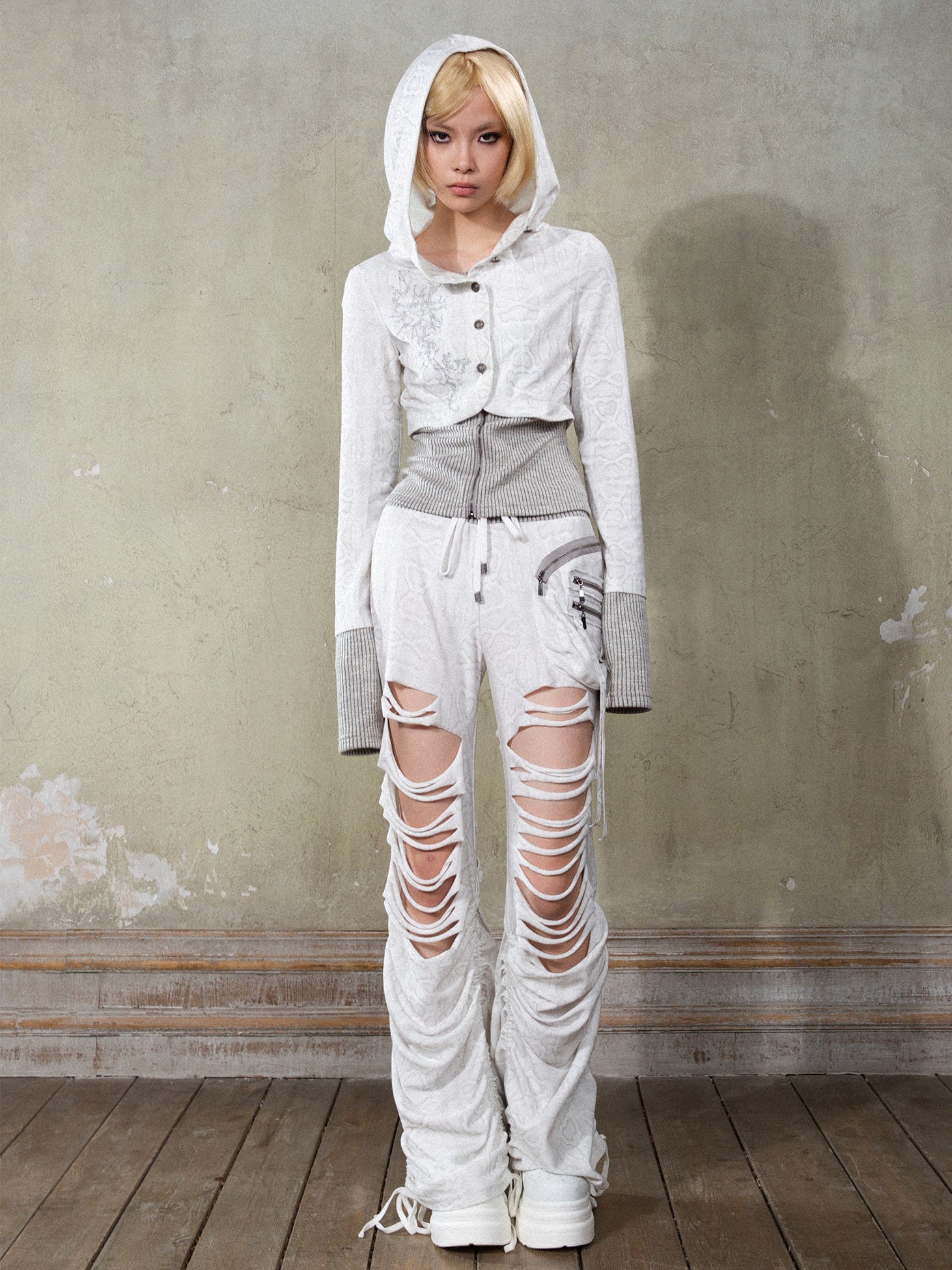 Hooded Knitted Switching Slim Cardigan