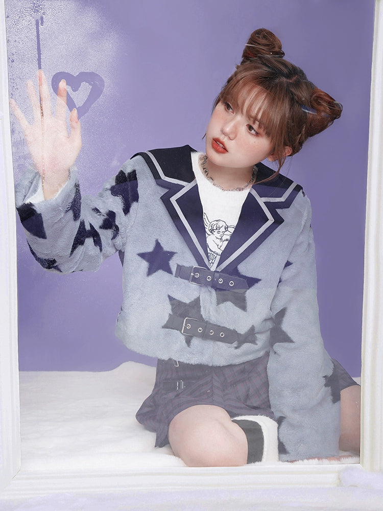 Star Sailor Collar Imitation Rabbit Fur Short Jacket