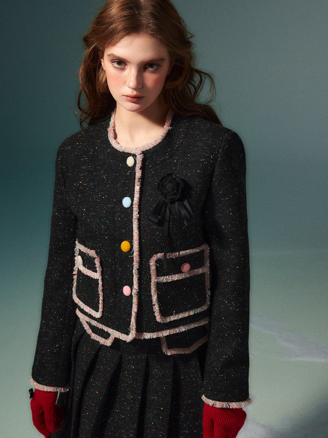 Colorful Dot No Collar Jacket & Pleated Skirt
