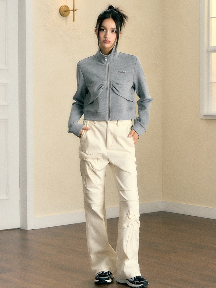Ribbon Design Stand Collar Sweat Jacket