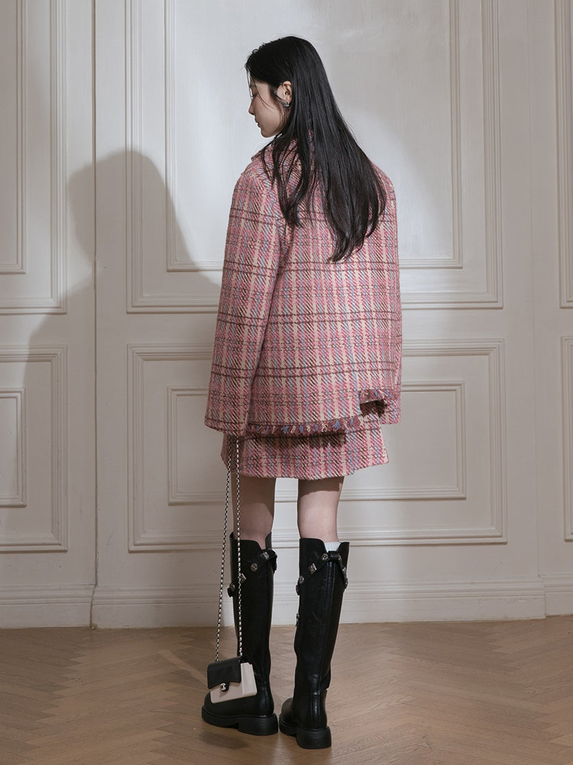 Plaid Tweed Asymmetry Design Jacket & Skirt