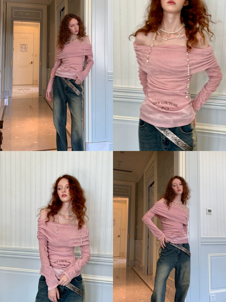 원라인 칼라 벨벳 프린트 스트레치 보텀 셔츠