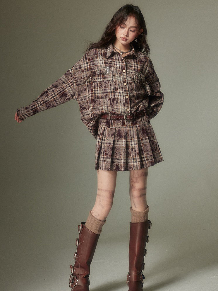 Plaid Loose Long Sleeve Shirt & Pleated Skirt