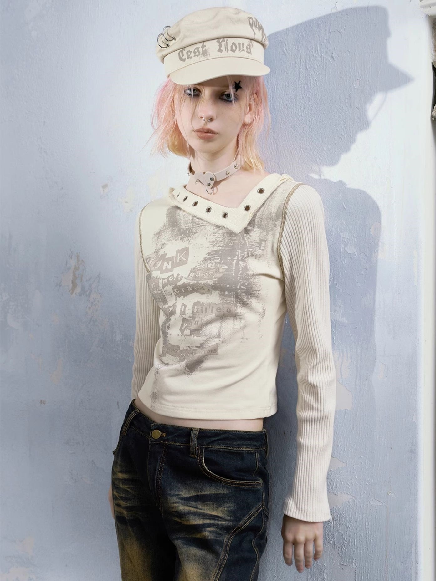 Diagonal Collar Patchwork Graffiti Cutsew