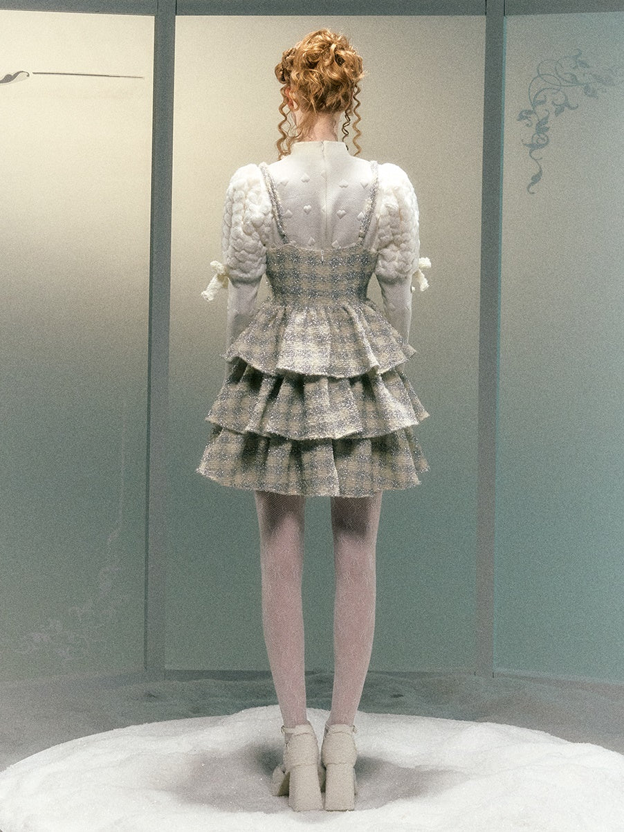 Plaid Tweed Lace Bow Slip Cake Dress