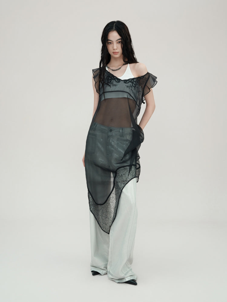 Lace Sequin Embroidery Tulle See-through Dress