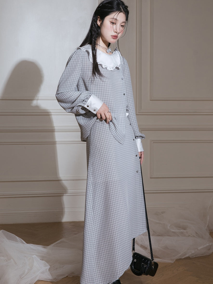 Contrast Color Plaid Shirt & Asymmetry Skirt Set-up