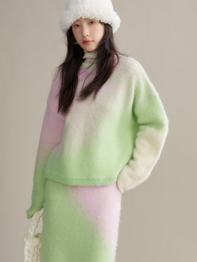 Gradient Color Sweater & Knitted Long Skirt