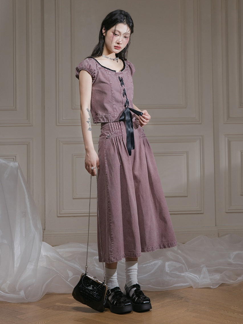 Washed Denim Lace-Up Top & A-Line Skirt Set-up
