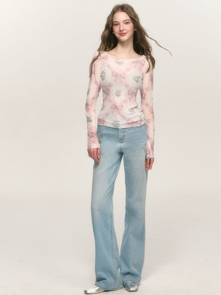 Girly Bow Print Elastic Mesh T-shirt