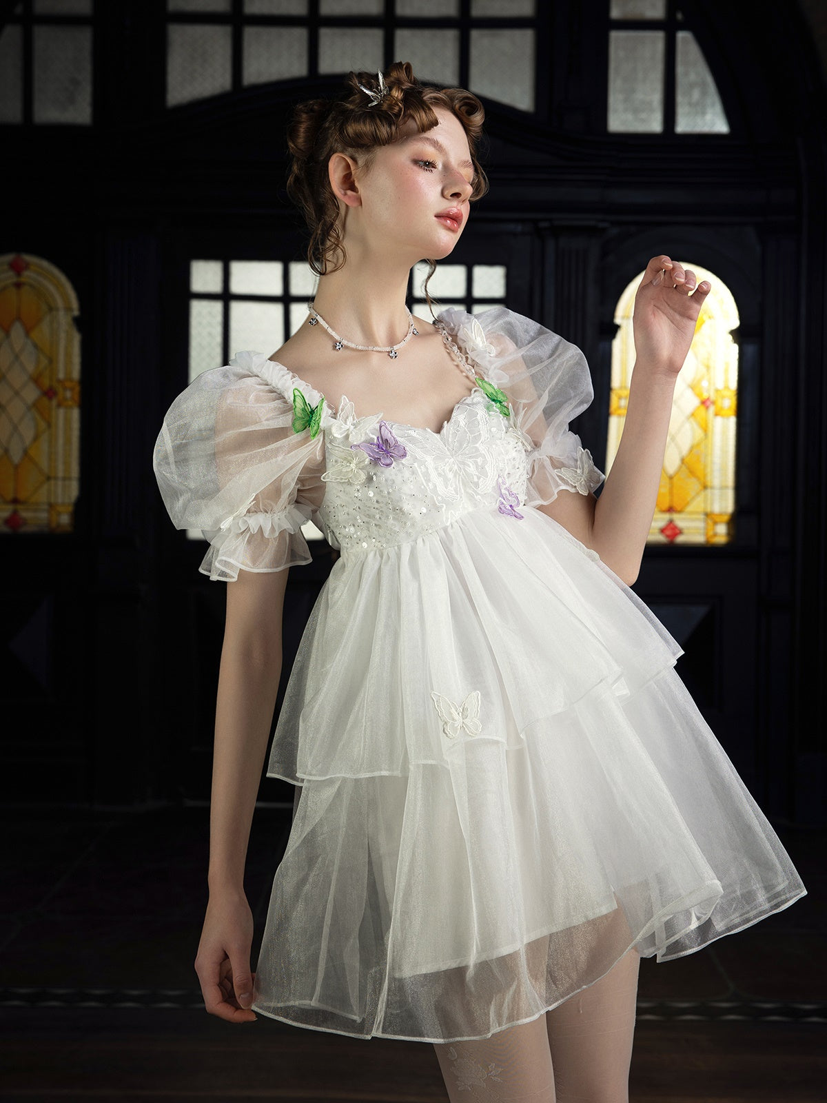 THREE-DIMENSIONAL BUTTERFLY PUFF SLEEVE DRESS