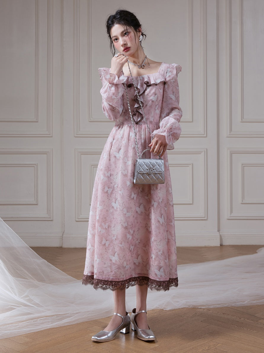 Romantic Butterfly Print Floral Dress
