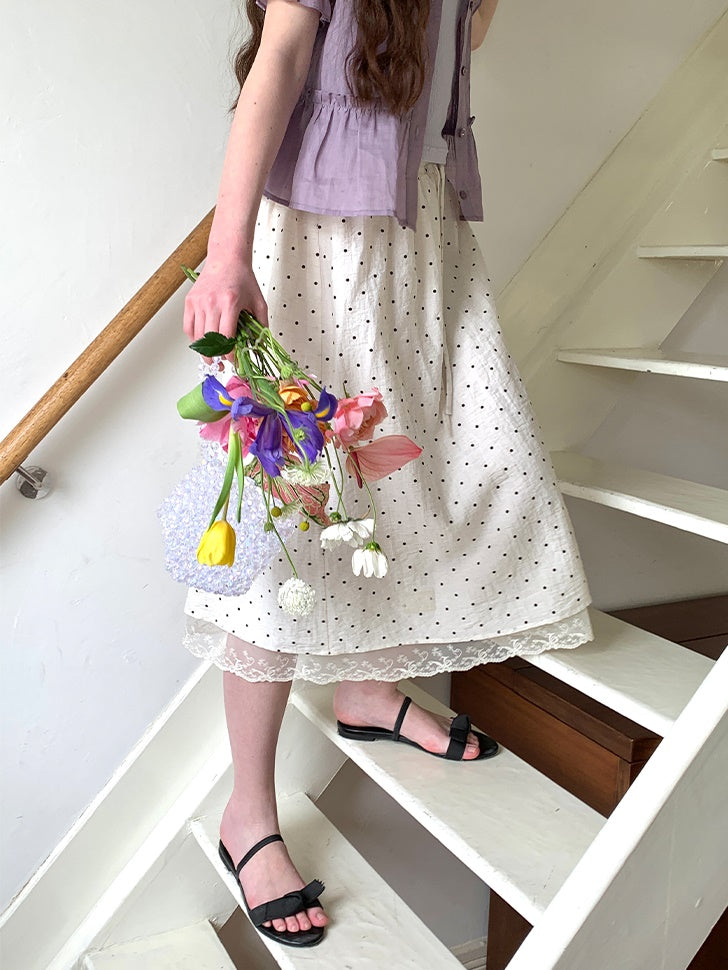 Polka Dot Lace Drawstring Elastic Waist Midi Skirt
