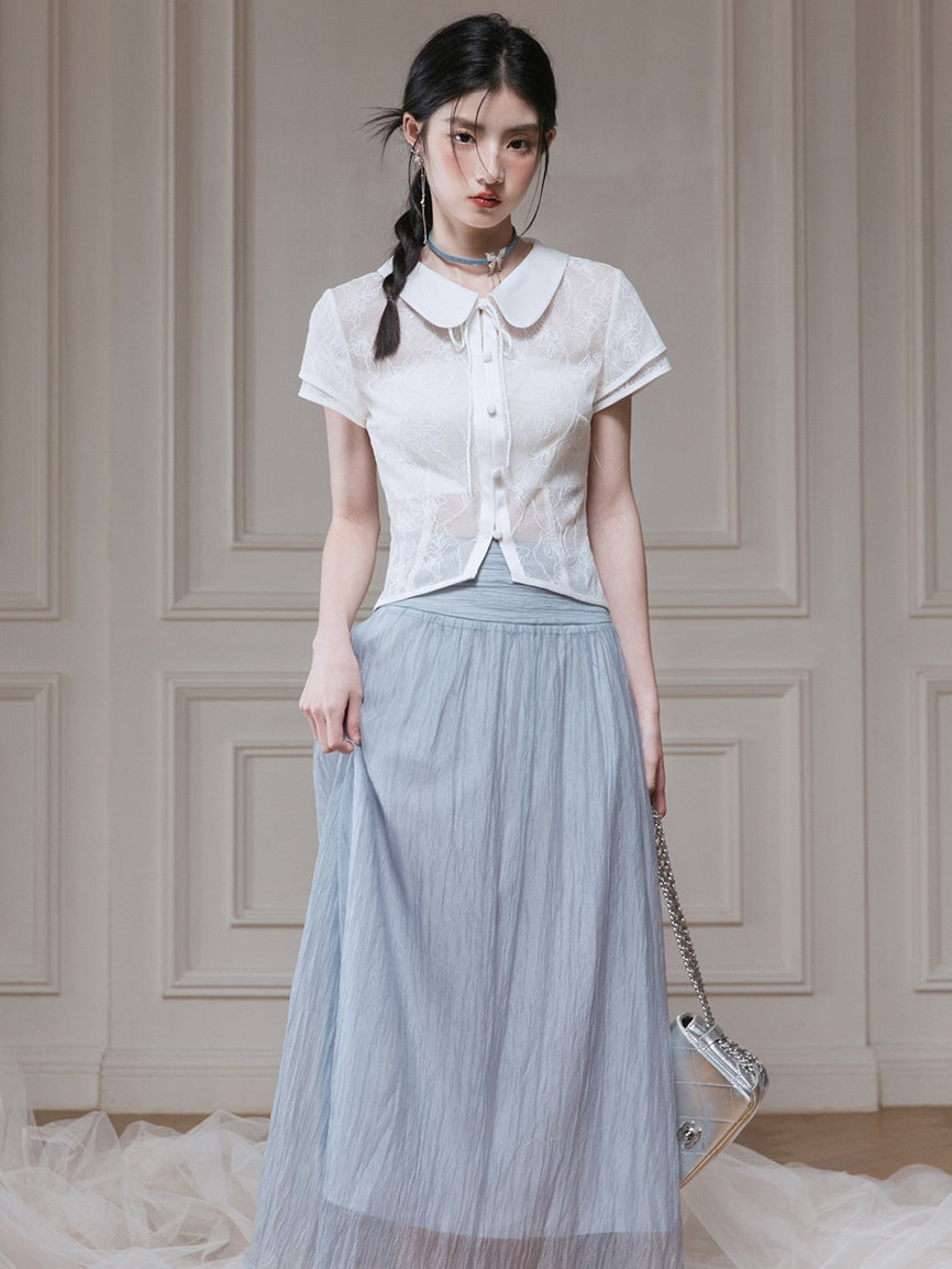 Frill Stitch U-neck Vest & Gauze Long Skirt Set-up