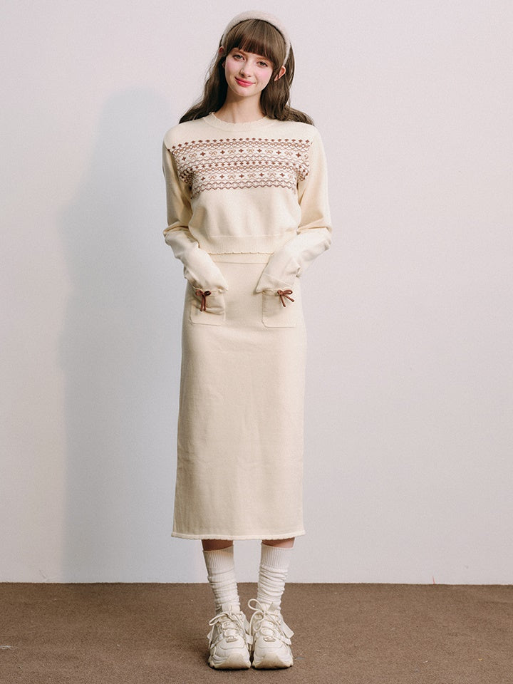 Fair Isle Short Sweater & Slim Skirt