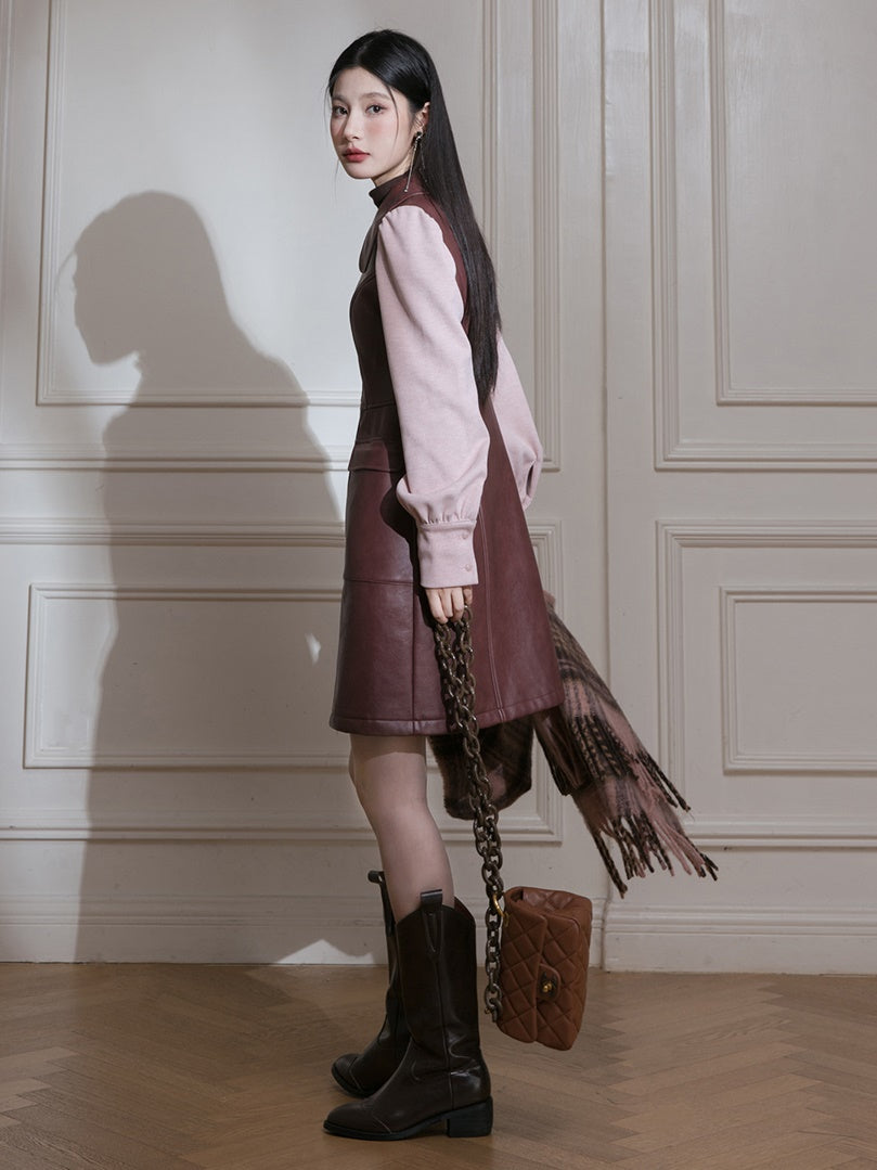 Knitted Sleeve Leather Dress