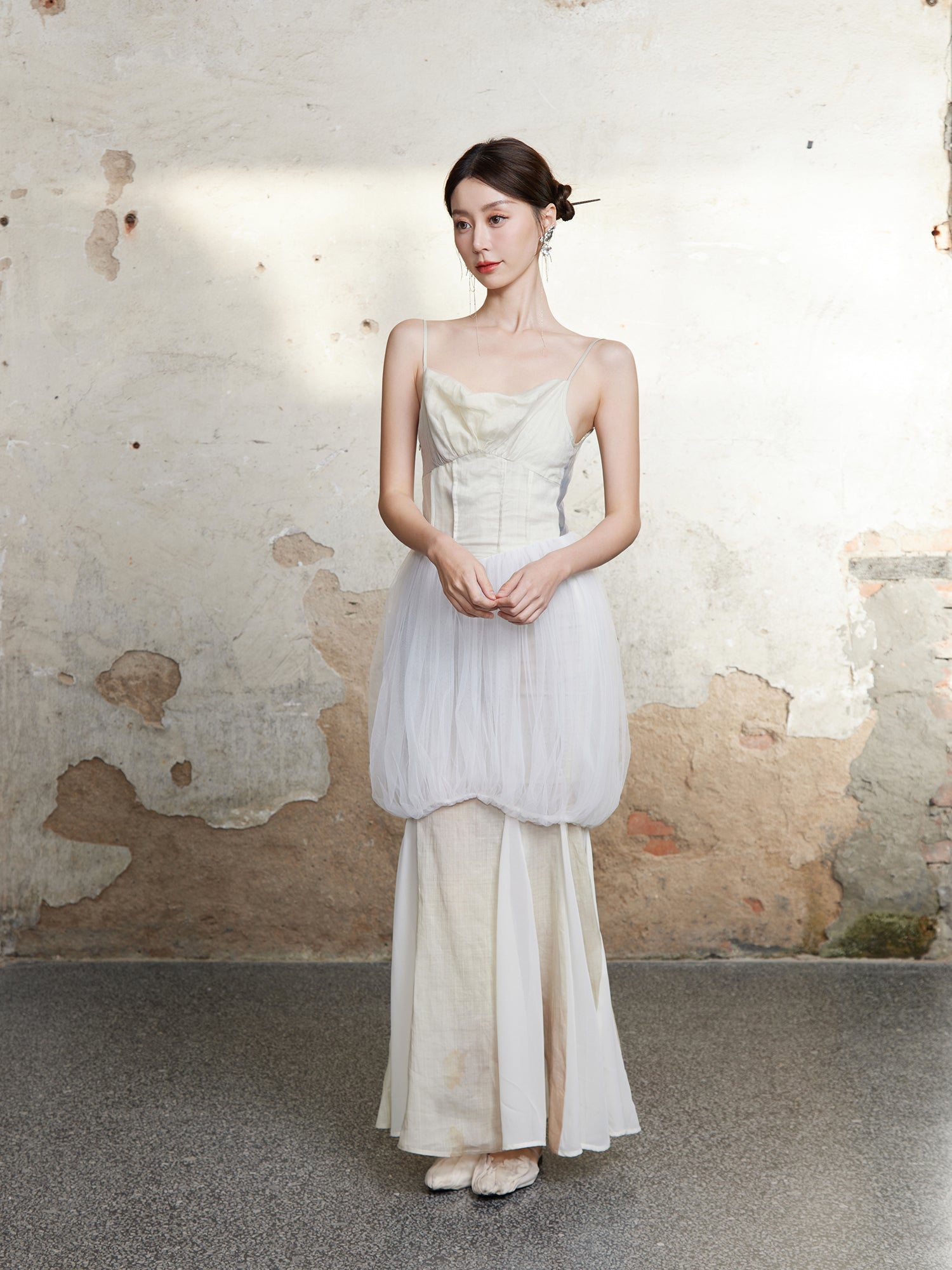 메쉬 꽃 새싹 미끄러짐 긴 드레스