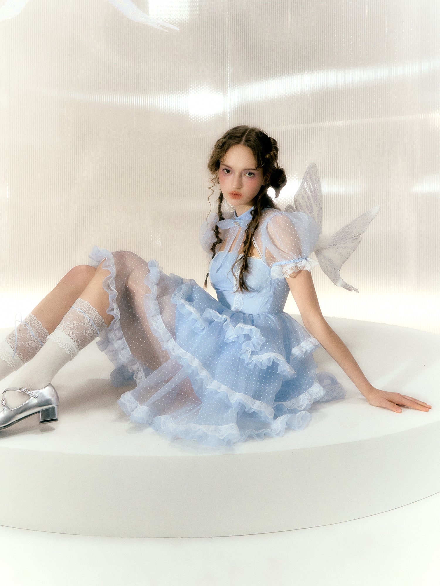 Polka Dot Rhinestone Bow Short-sleeved Lace Princess Dress