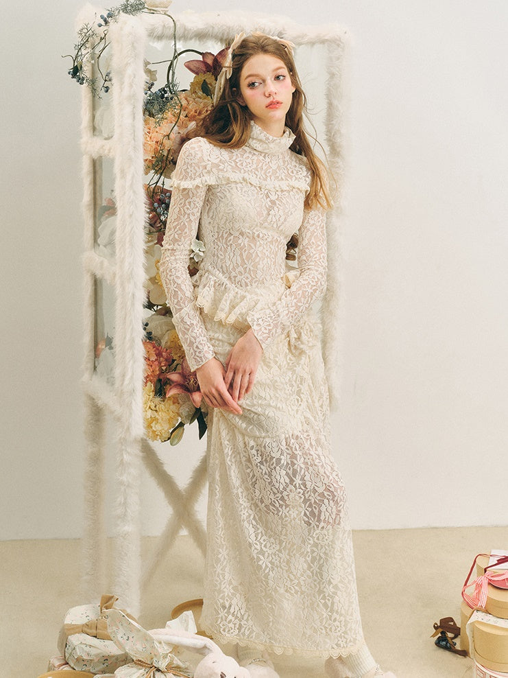 Lace High-Neck Peplum Design Top & Embroidered Lace Skirt