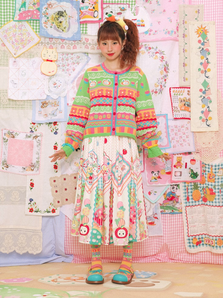 스트라이프 버니 체크 라운드 넥 니트 가디건