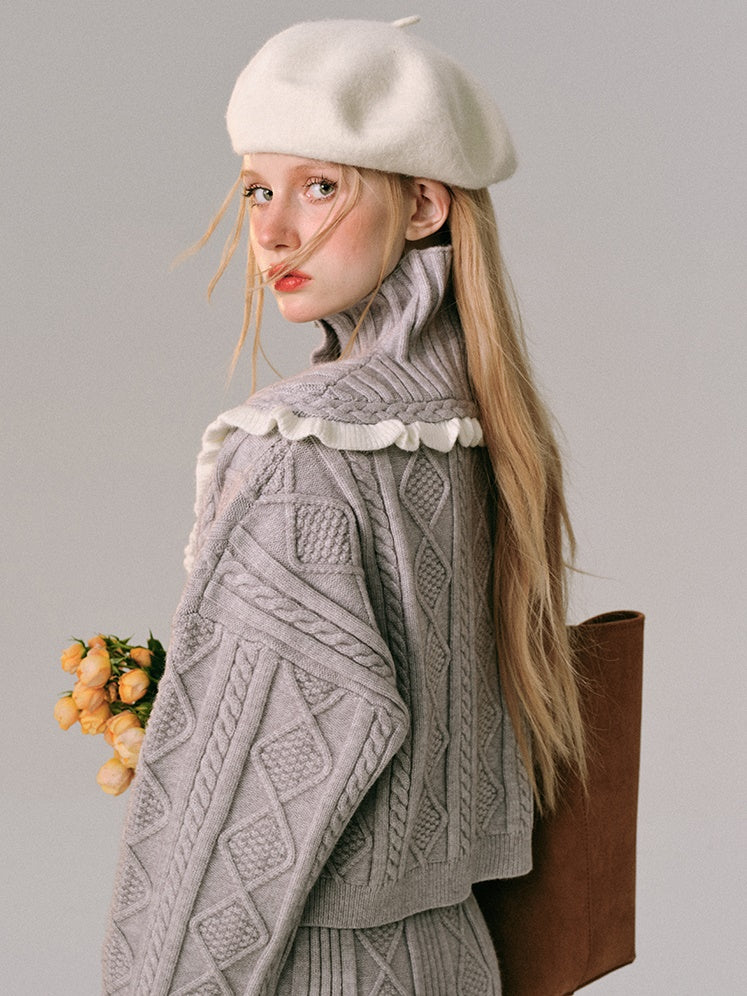 Hoher Hals gehäkelt Holzohr Strickjacke & Rock